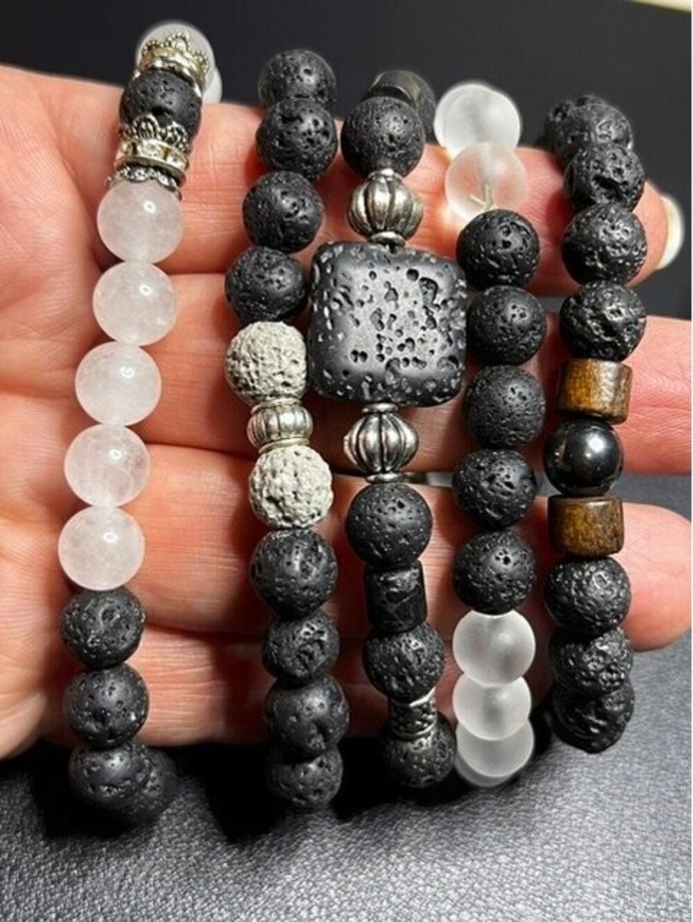 B6464 5pc stack Lava Stone & Frosted Quartz Beaded Stretch Bracelet Set - Picture 2 of 2
